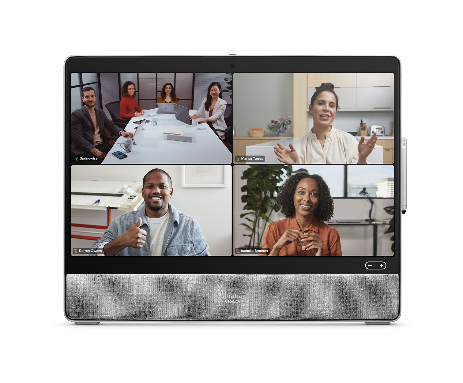 Grid view on Cisco Desk device with Third-party meeting platform and 4 people selected for video conference.