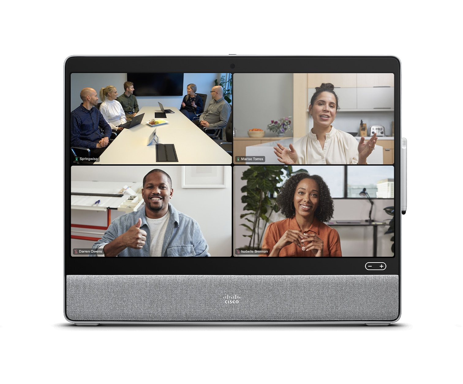 Grid view on Cisco Desk device with Third-party meetings platform and 5 people selected for video conference.