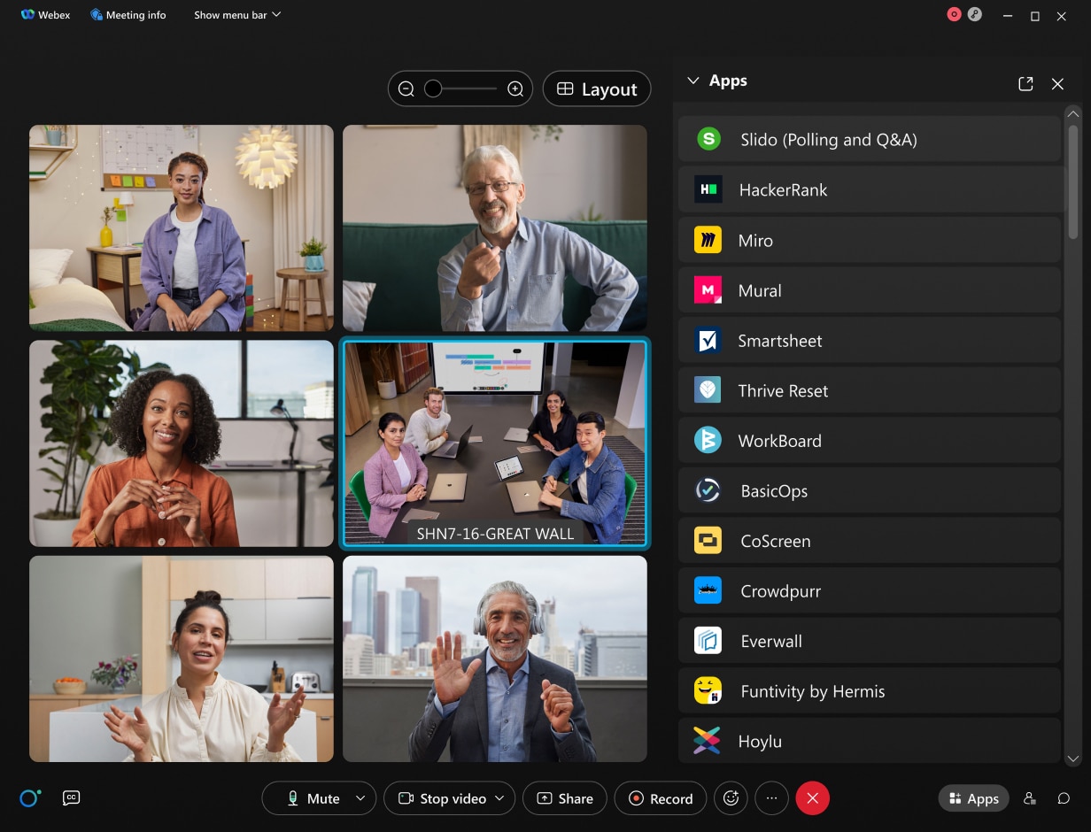 A tablet showing six colleagues video conferencing and the Webex interface with several apps displayed in the right-hand menu.