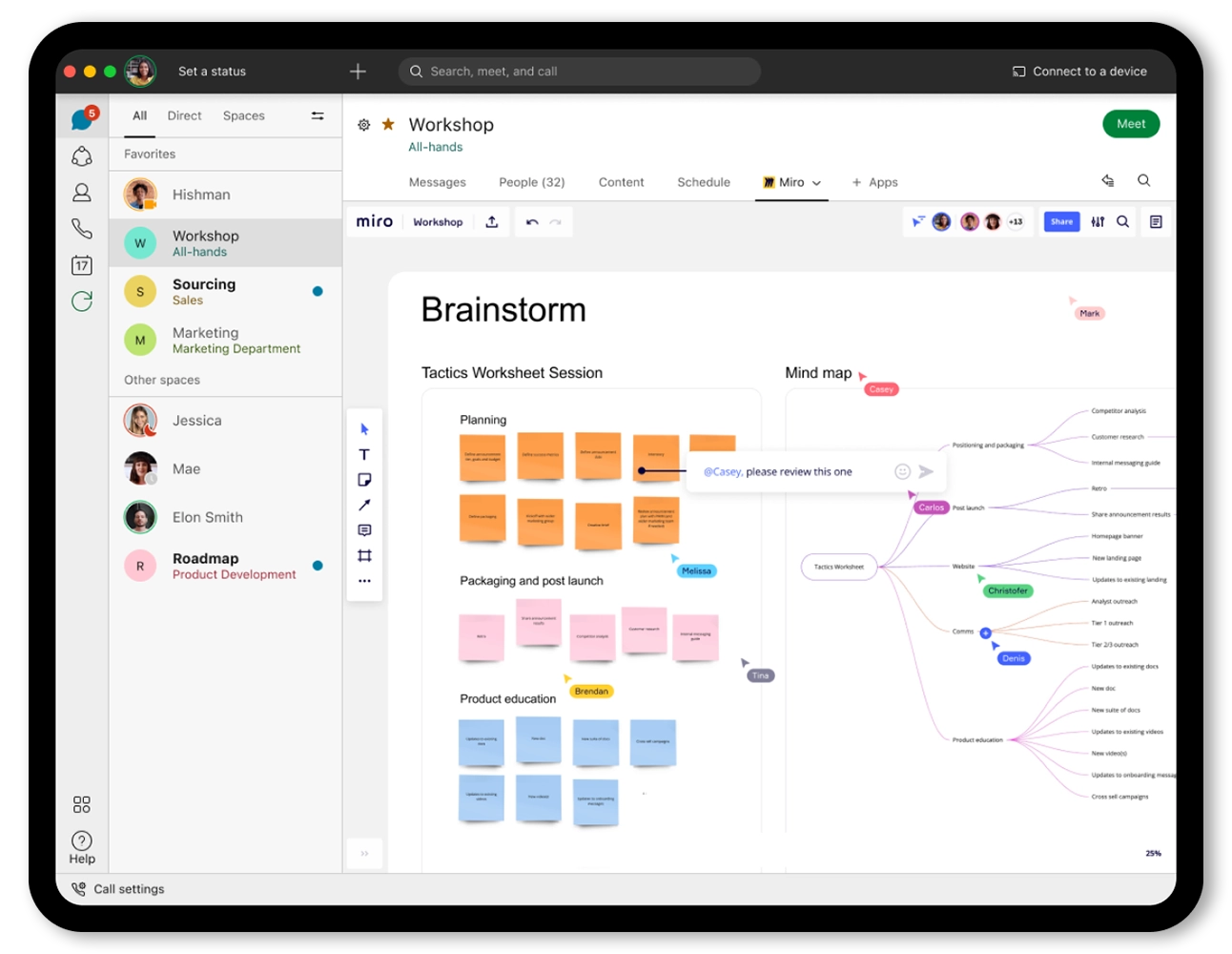 Screen showing a team brainstorming on a Miro board within a Webex space. The board features sticky notes and a mind map.